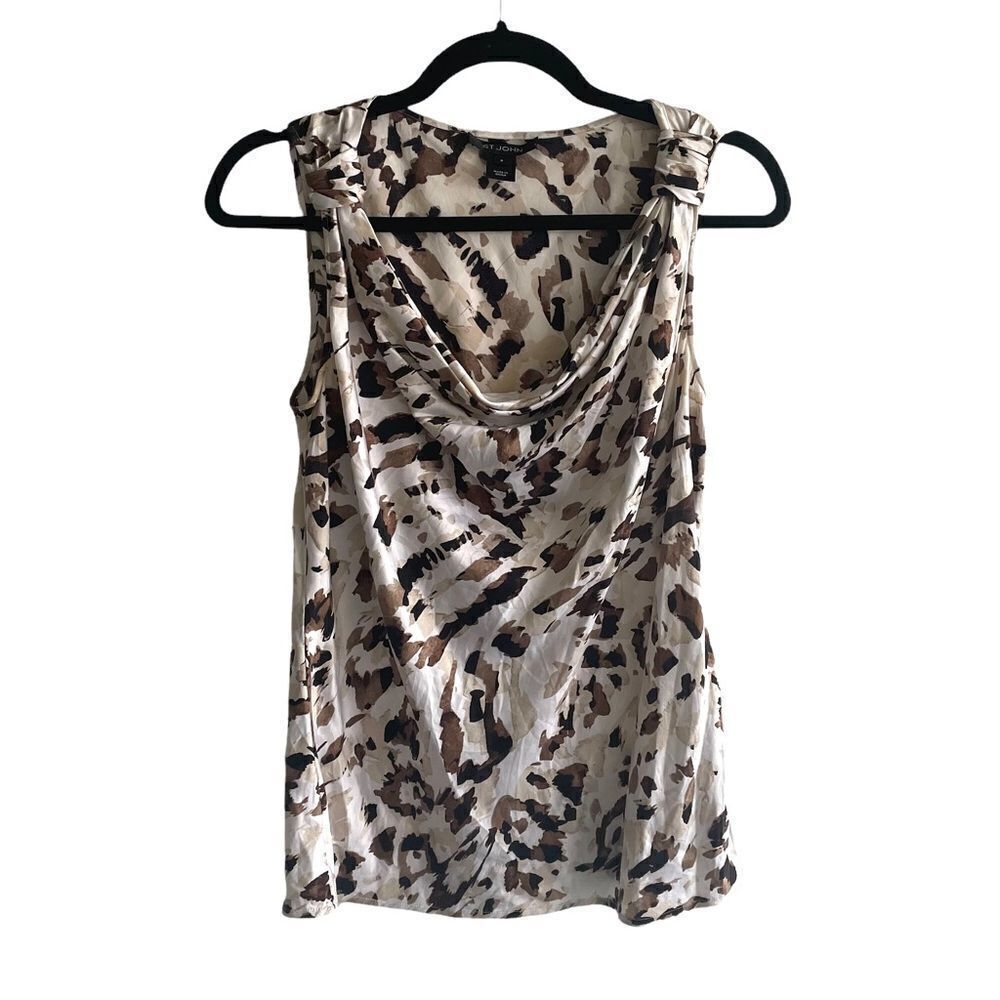𝅺ST JOHN Sleeveless Silk Draped Printed Blouse White Tan Black S
